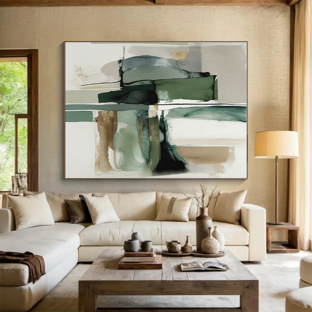 “Green & Gray Abstract Fusion” - Green, Gray, White, Gold Abstract Painting On Canvas PS0763