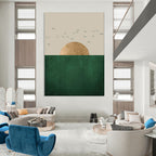 “Minimalist Sun, Sea, and Birds” - Minimalist Landscape Painting On Canvas PT1921