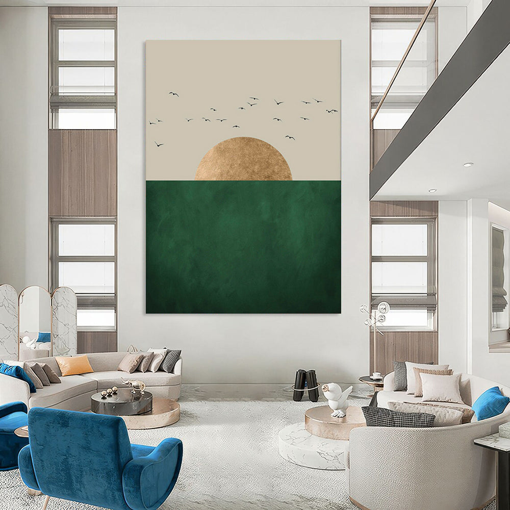 “Minimalist Sun, Sea, and Birds” - Minimalist Landscape Painting On Canvas PT1921