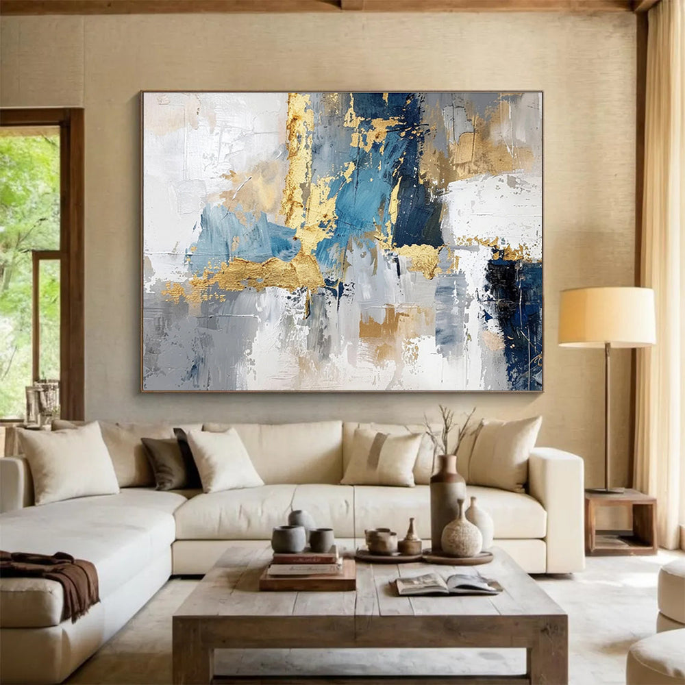 Blue - Gray Abstract with Gold Accents - Luxe Modern Painting On Canvas DKS344