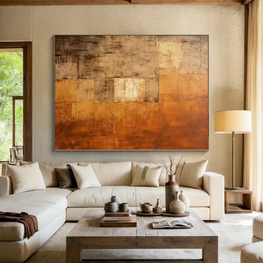 “Brown - Orange Abstract Textured Squares” - Rustic Abstract Painting On Canvas PS0338