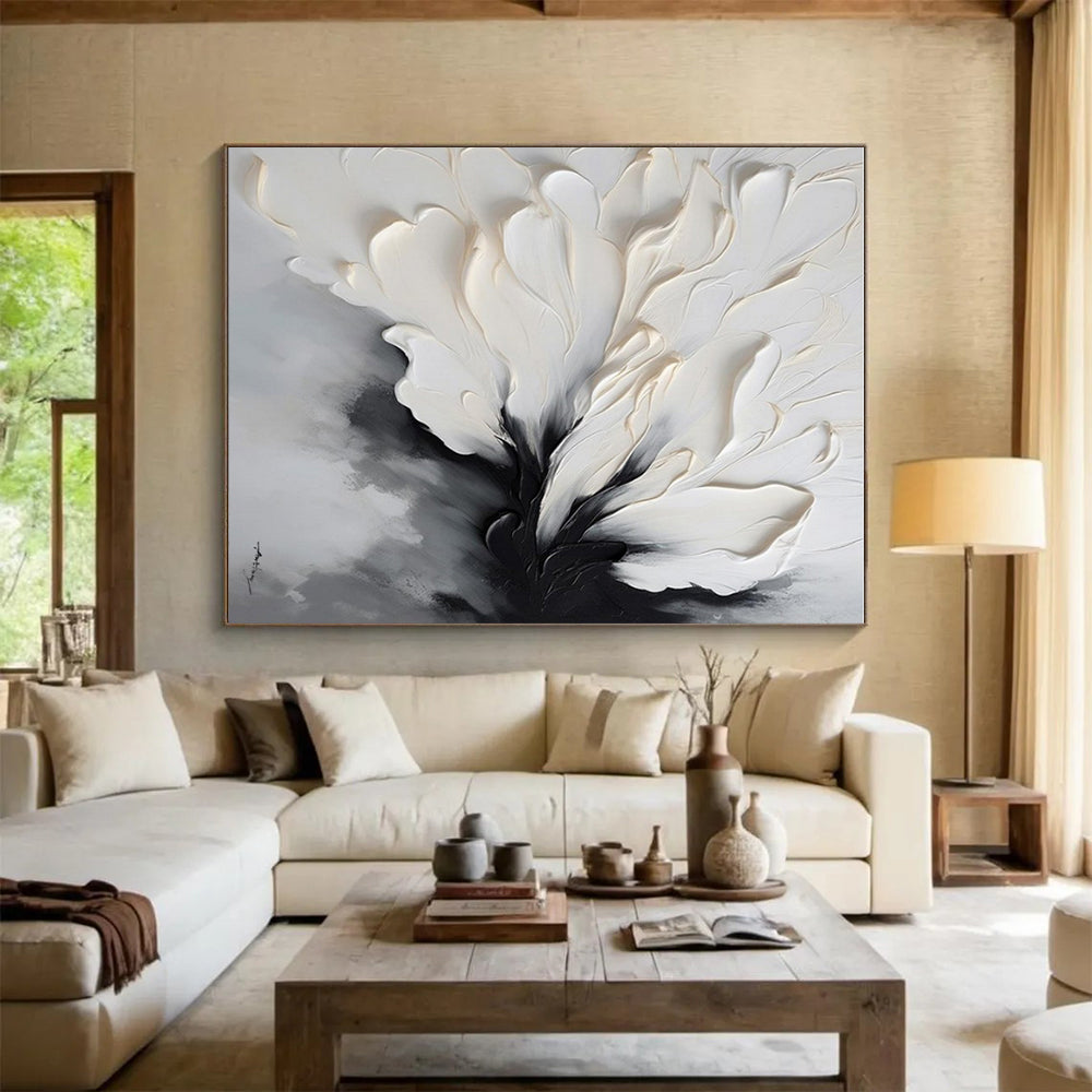 “Monochrome Floral Impasto” - White, Gray, Black Textured Floral Painting On Canvas PS0768