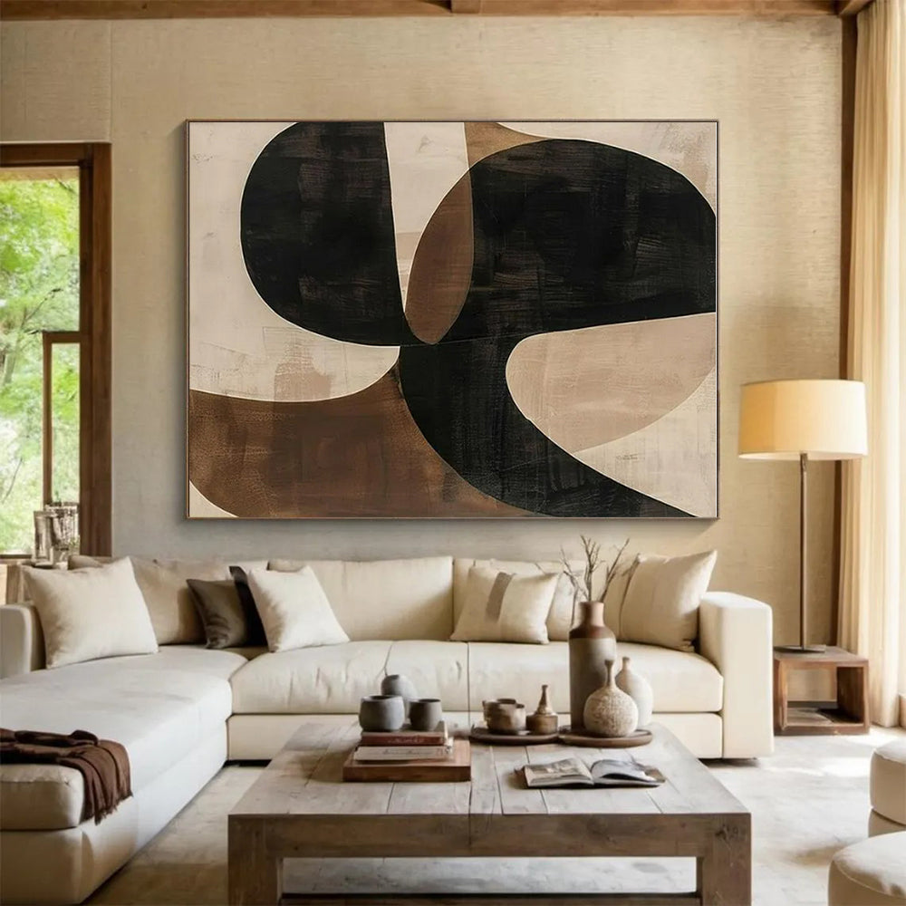 Black, Beige & Brown Geometric Abstract "Fluid Geometry" Painting On Canvas PS0869