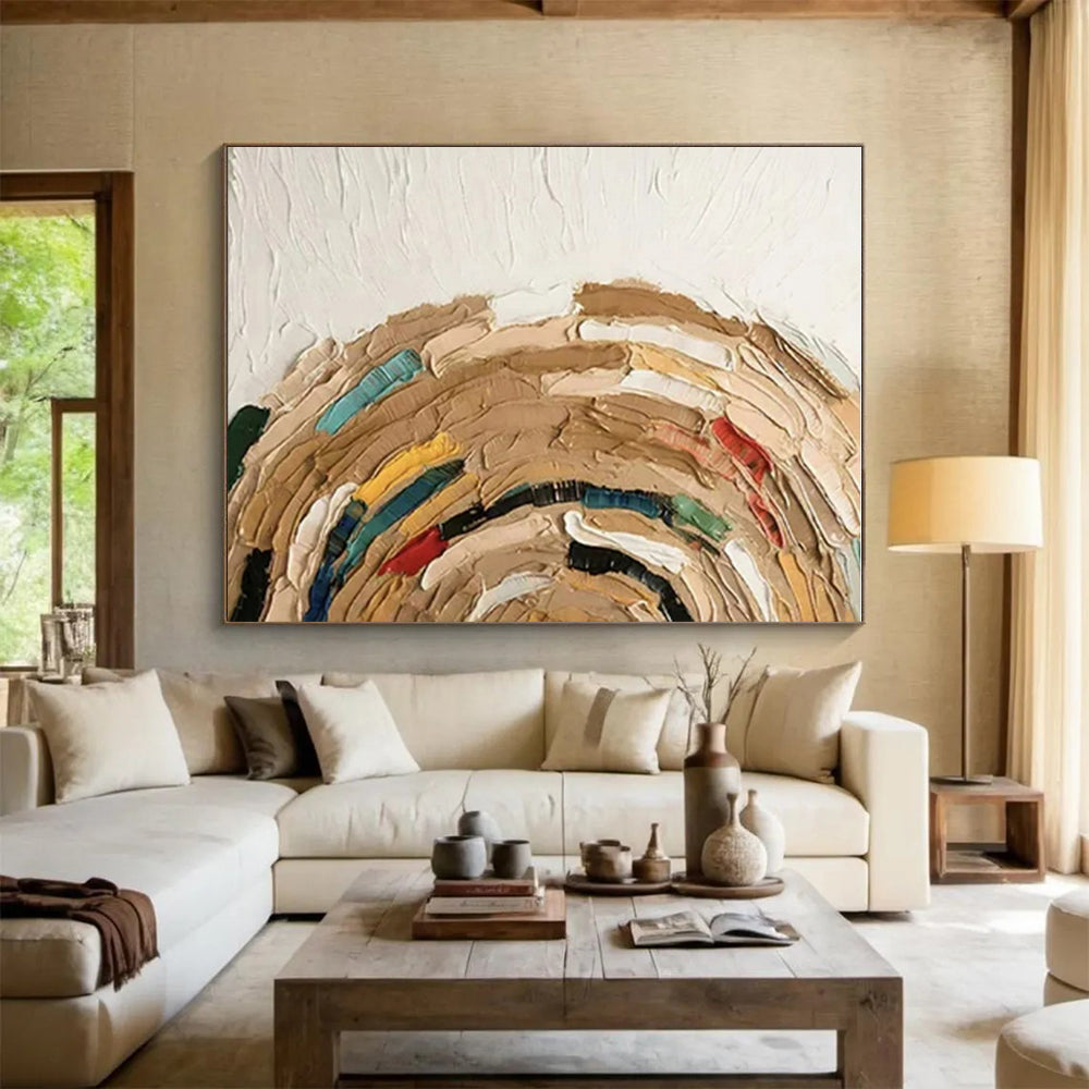 “Colorful Textured Circle” - Multicolor, Beige, Blue, Red, Yellow Abstract Impasto Painting On Canvas PS0663