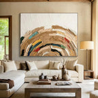 “Colorful Textured Circle” - Multicolor, Beige, Blue, Red, Yellow Abstract Impasto Painting On Canvas PS0663