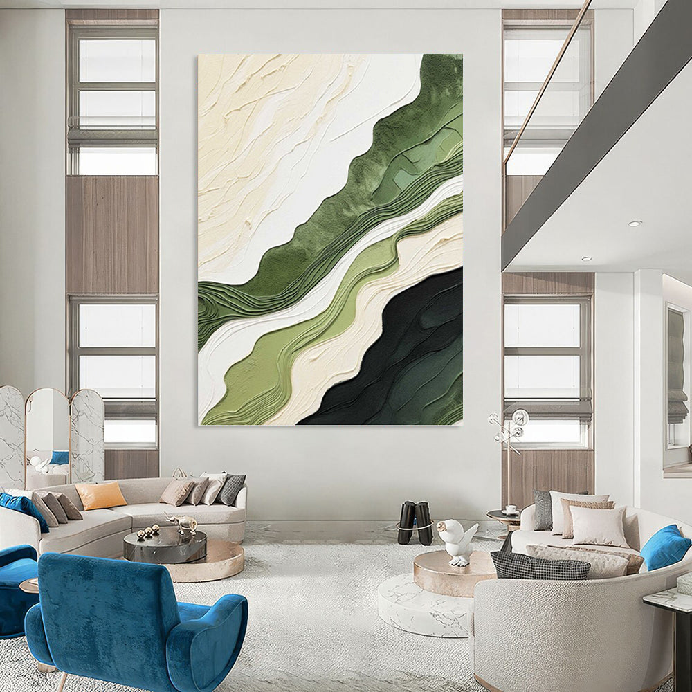 “Green and Beige Wavy Layers” - Nature - Inspired, Textured Abstract Painting On Canvas PT1486