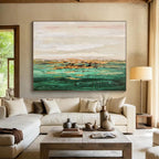 Teal Gold Repeat: Teal, Gold & Beige Abstract Landscape Painting for Coastal Villa & Relaxation Lounge DKS648
