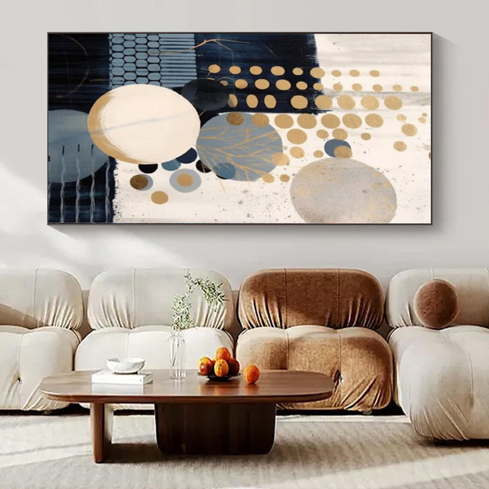 Gold, Blue, Beige with Circles "Gilded Bubbles" Abstract Painting On Canvas PS1263