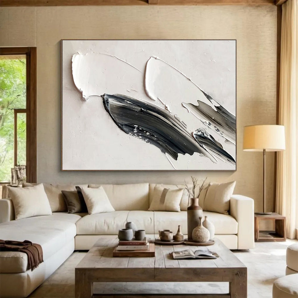 “Black - White Textured Strokes” - Minimalist Oil Painting on Canvas DKS908