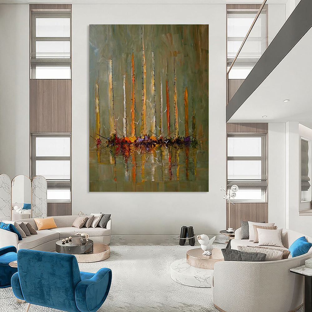 “Green, Yellow, and Orange Sailboat Reflection” - Impressionistic Maritime Painting On Canvas DS330