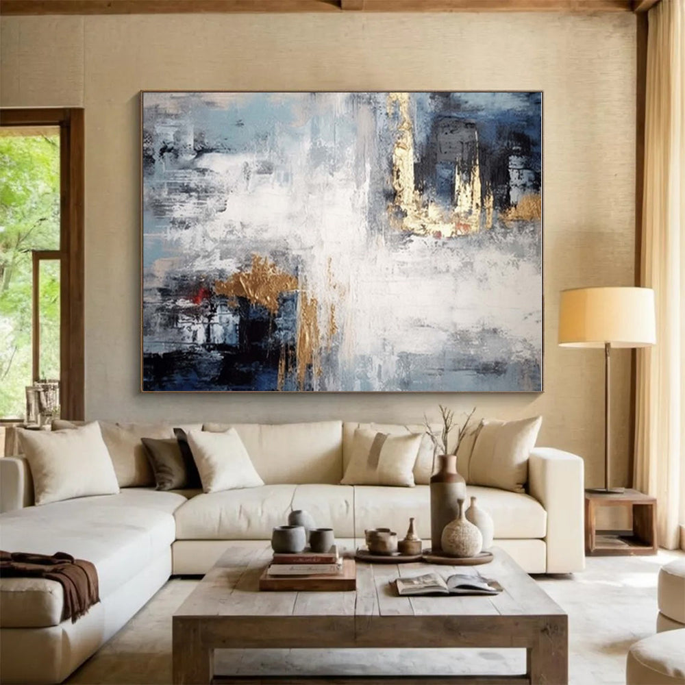 “Blue - Gray & Gold Fusion” - Blue, Gray, Gold Abstract Minimalist Painting On Canvas PS0696