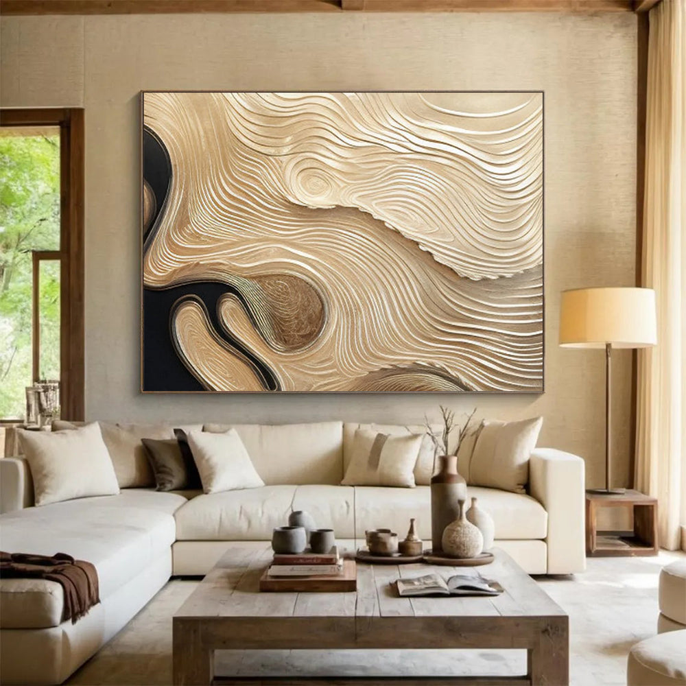 “Golden Wavy Textures on Black” - 3D - Like Abstract Painting On Canvas PT101