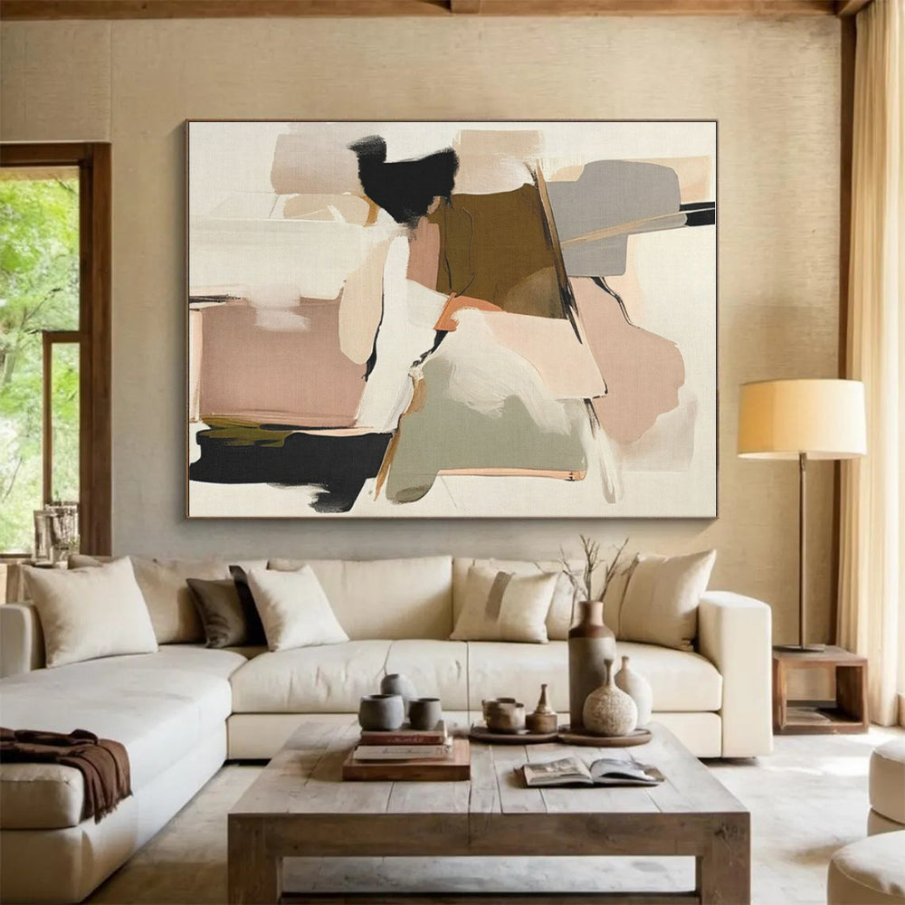 “Blush & Brown Abstract Collage” - Blush, Brown, Gray, White Abstract Mixed - Media Painting On Canvas PS0762