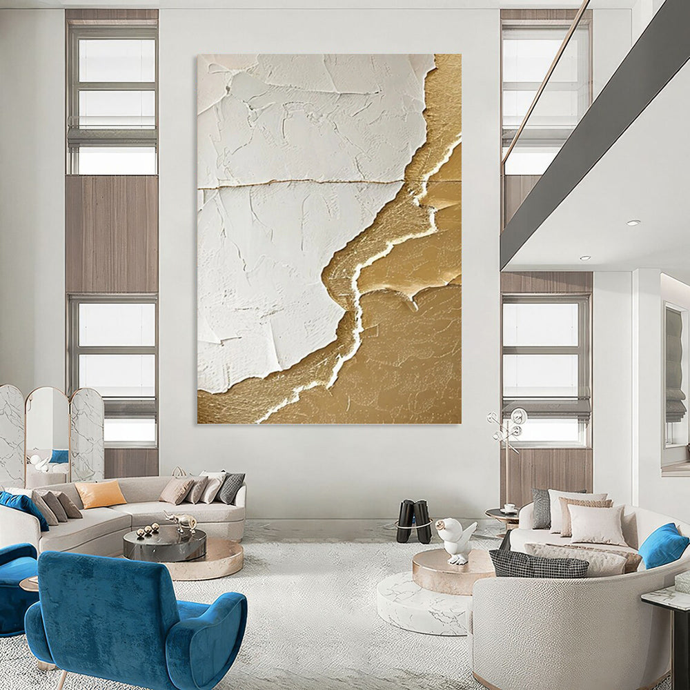 “White and Gold Textured Abstract” - Luxe Relief Painting On Canvas PT0986