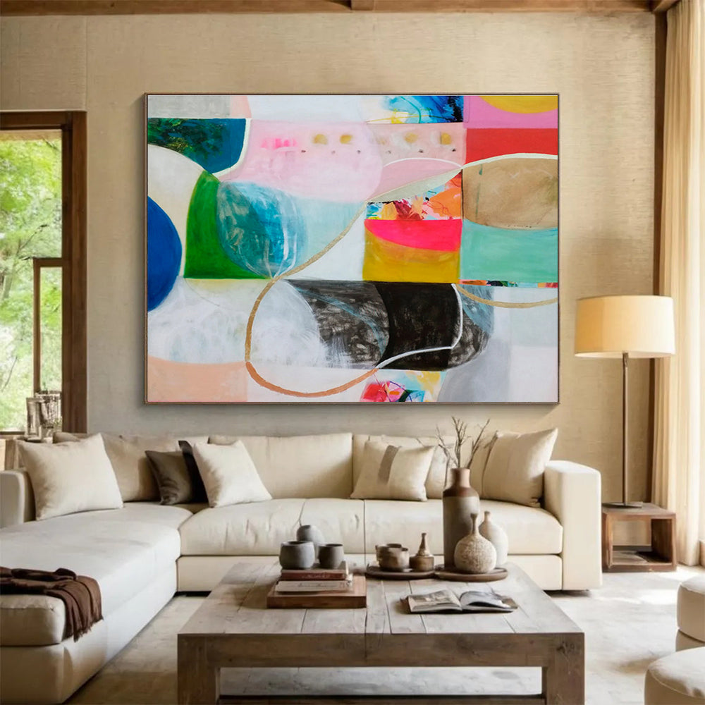 Color - Blocked Abstract with Curves Painting On Canvas DKS069