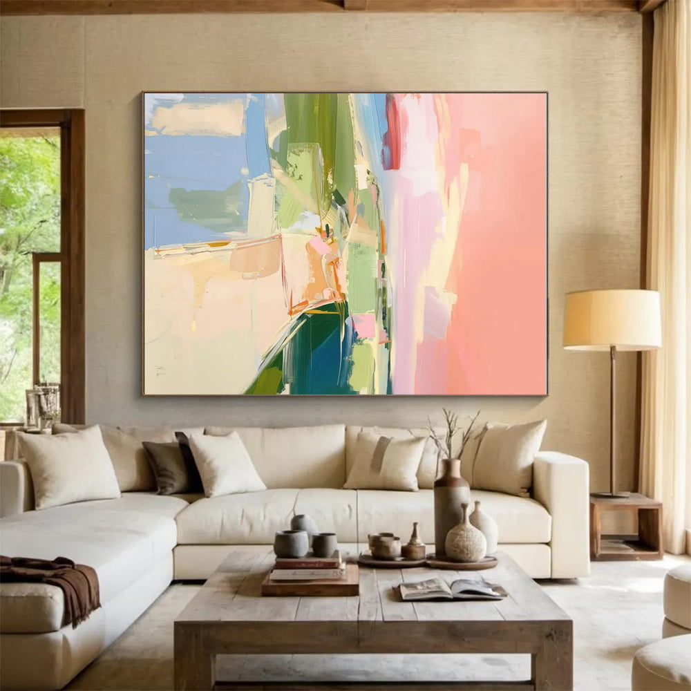 “Pastel Landscape Abstraction” - Pastel Pink, Green, Blue Abstract Landscape Painting On Canvas PS0706