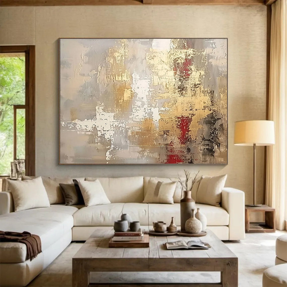 “Elegant Gray & Gold with Red Accents” - Abstract Textured Painting On Canvas PT045