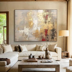 “Elegant Gray & Gold with Red Accents” - Abstract Textured Painting On Canvas PT045