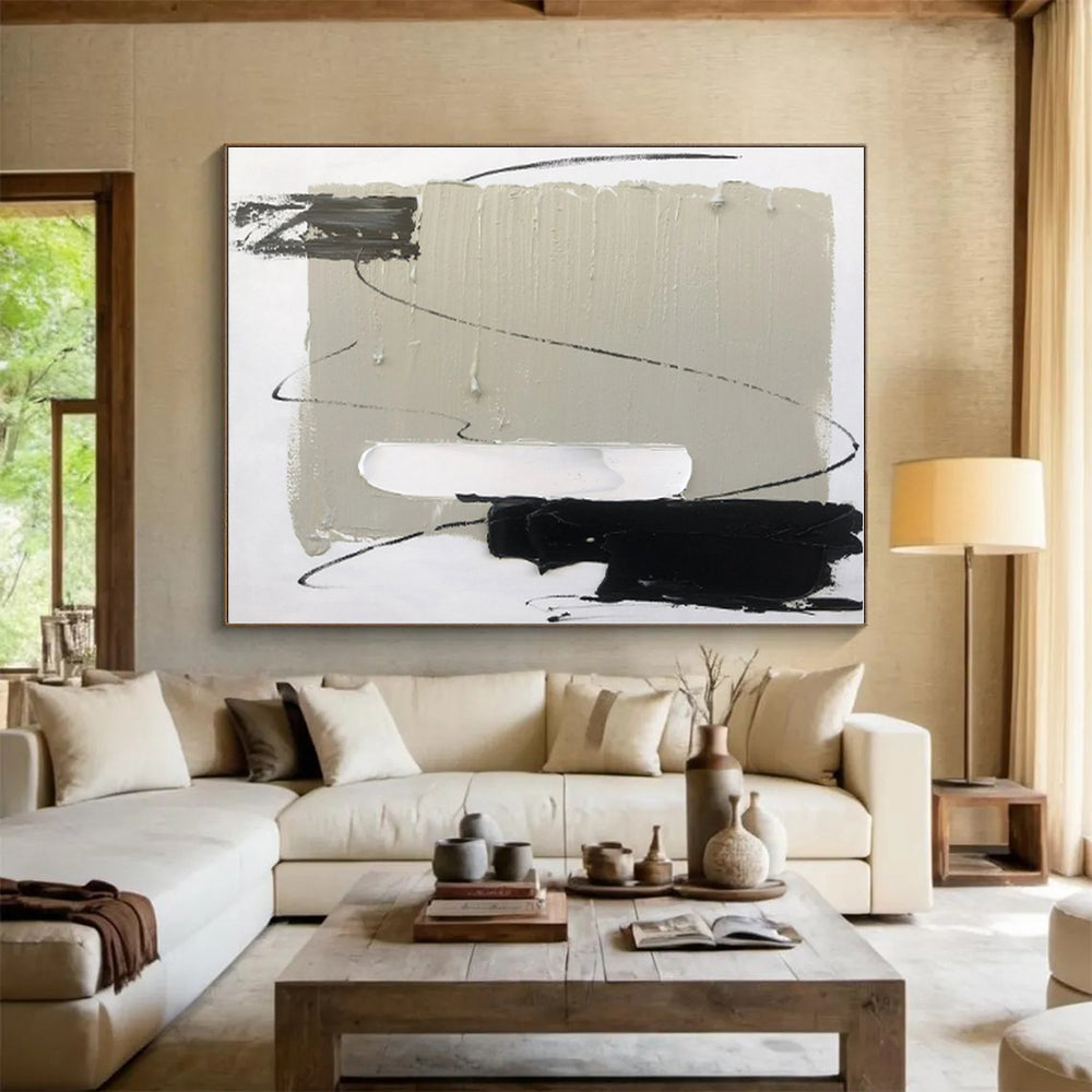 “Gray - Black Minimalist Lines” - Gray, Black, White Abstract Painting On Canvas PS0502