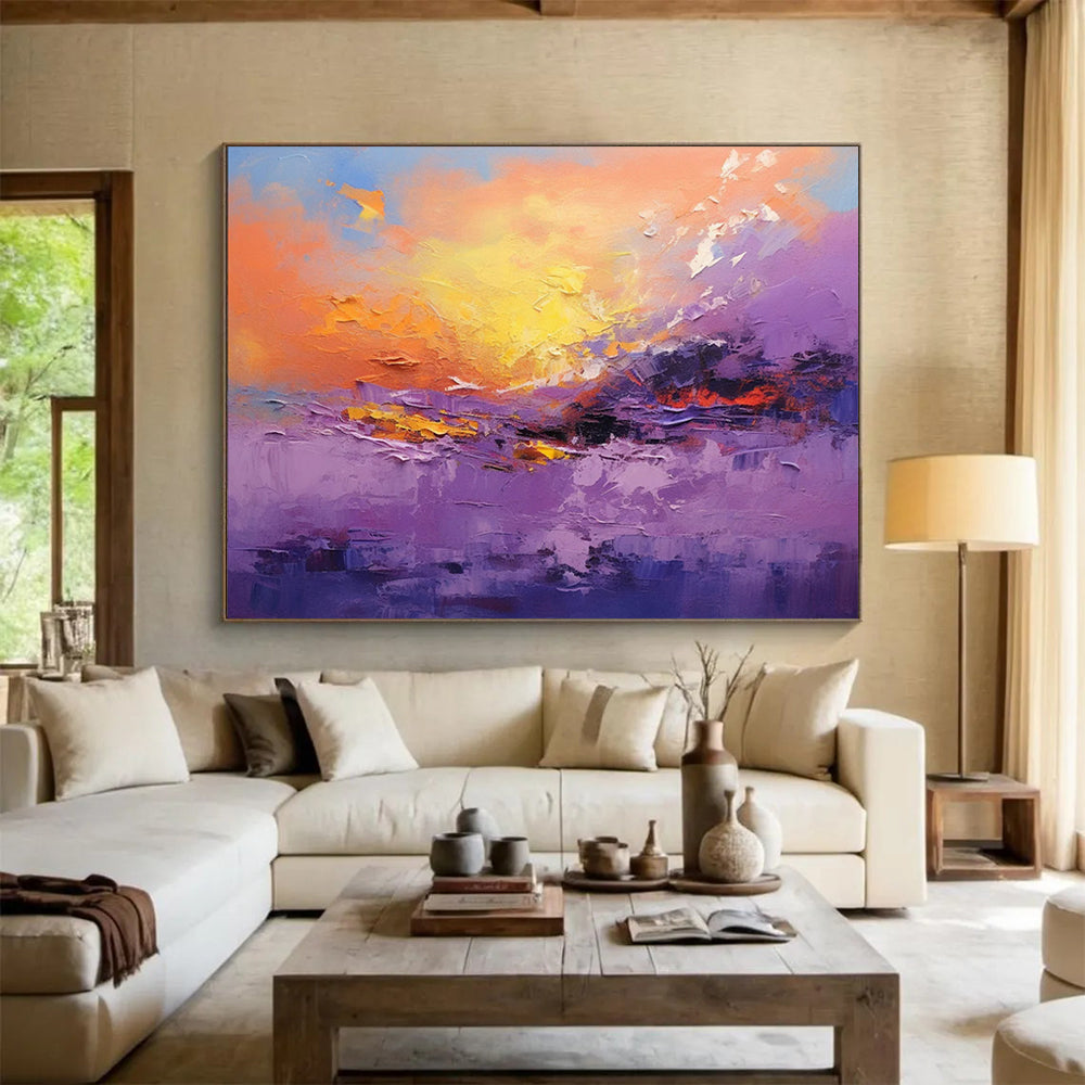 “Vibrant Purple and Orange Sunset Landscape” - Impasto Landscape Painting On Canvas PT084