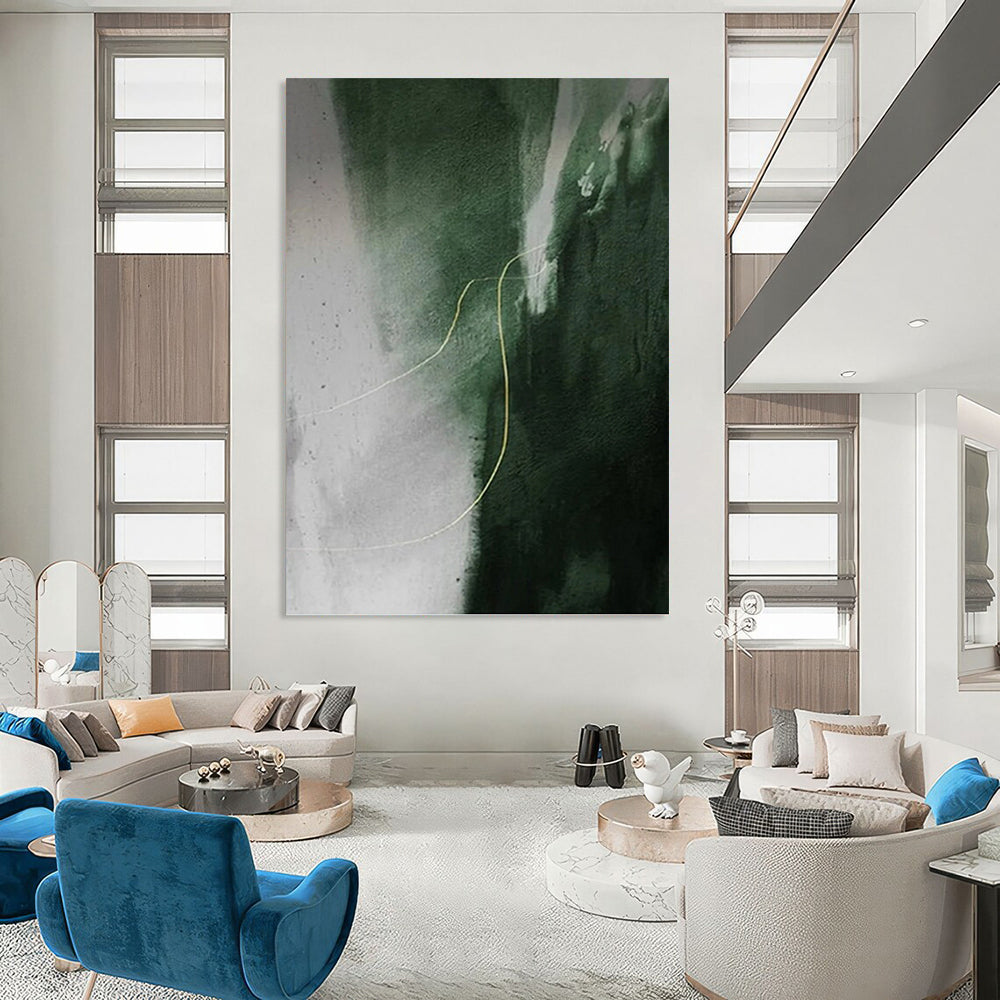 “Green - Grey Abstract with Gold Line” - Minimalist Abstract Painting On Canvas PT1209