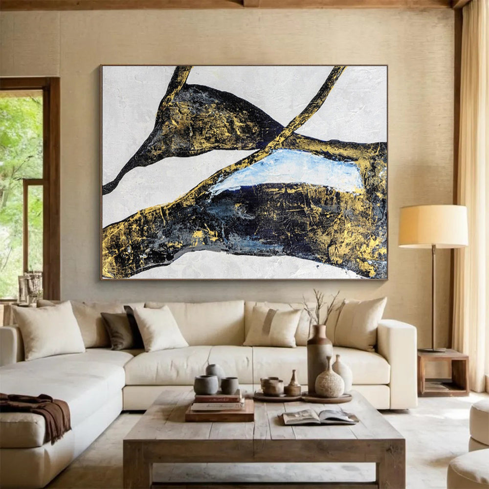 Black, Gold & Blue Abstract Shapes Painting On Canvas DKS011