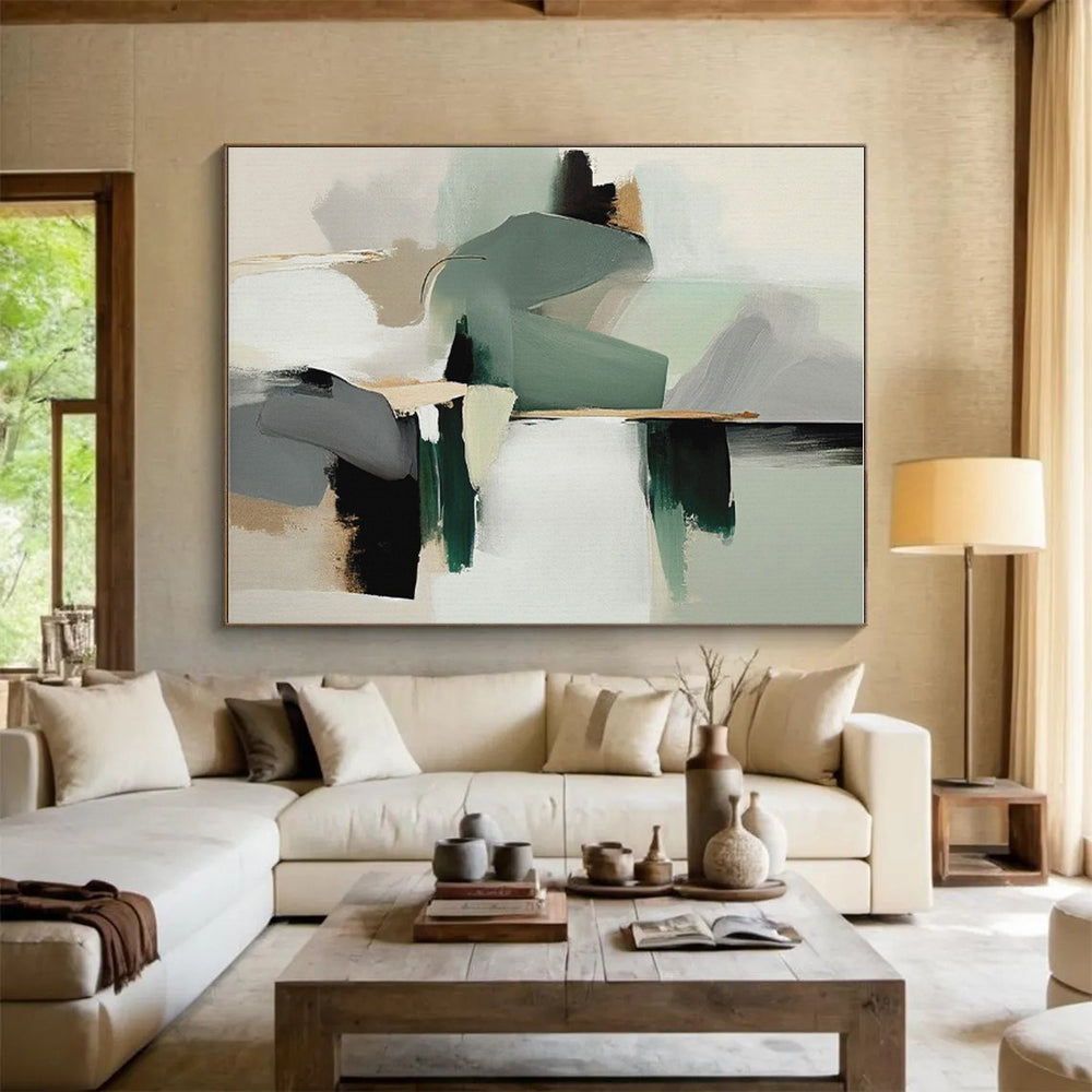 “Soft - Toned Geometric Fusion” - Light Green, Gray, Beige Geometric Abstract Painting On Canvas PS0746