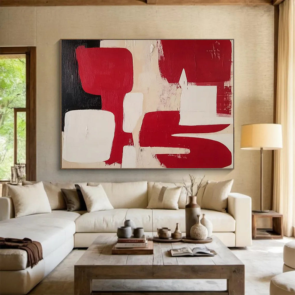 “Red, White, Black Geometric Shapes” Geometric Abstract Painting On Canvas PT1802