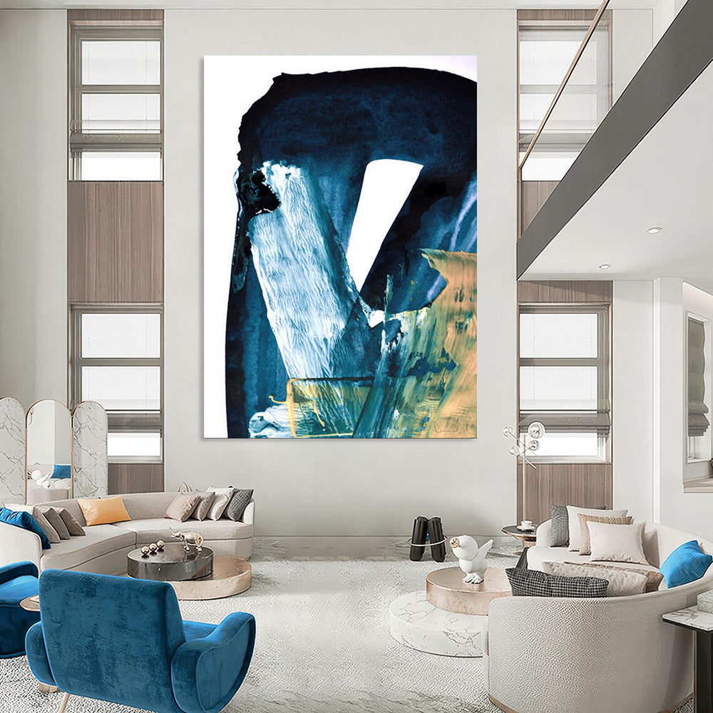 “Blue & Gold Abstract Fusion” - Deep Blues & Metallic Accents Painting On Canvas DS190