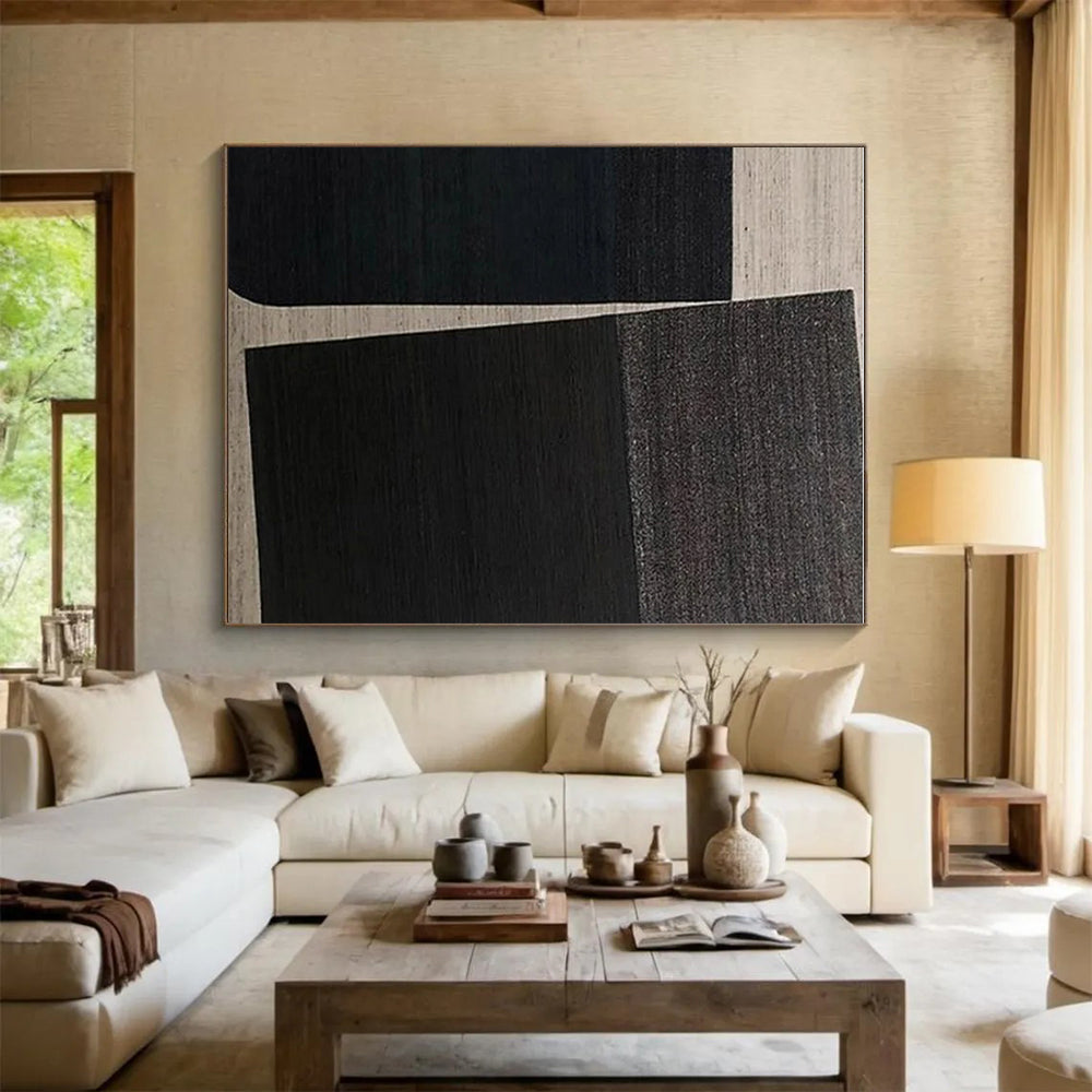 “Black & Beige Minimalism” - Black, Beige Abstract Geometric Painting On Canvas PS0660