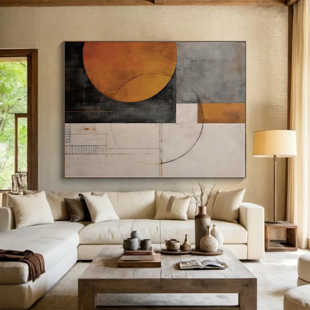 “Geometric Abstract with Warm Circles and Lines” - Constructivist Abstract Painting On Canvas PS0246