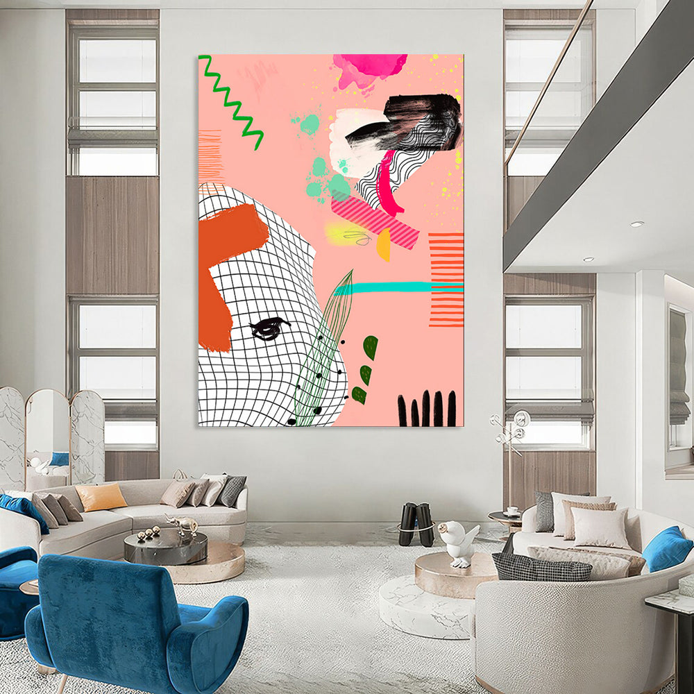 “Playful Pink - Green Abstract Collage” - Contemporary Abstract Painting On Canvas PT2006
