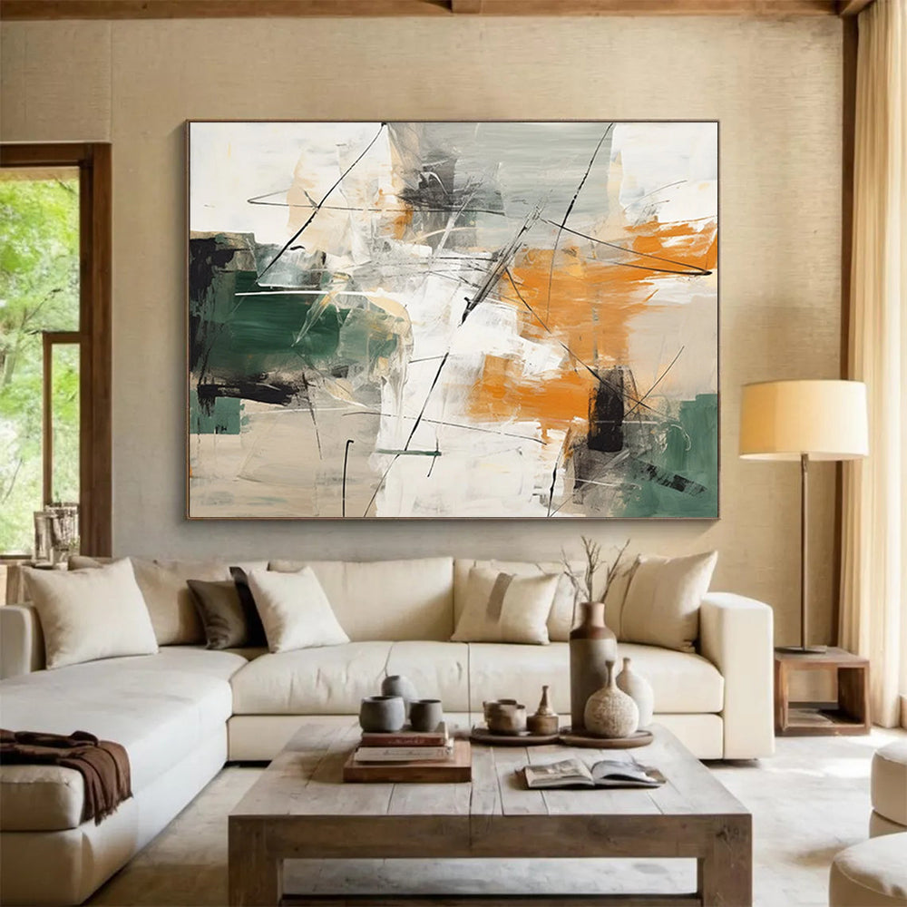 “Green, Orange, and Gray Abstract Strokes” - Expressive Abstract Painting On Canvas PT100