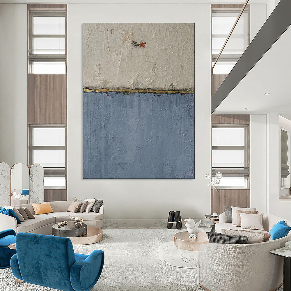 “White - Blue - Gold Textured Abstract” - Textured Minimalist Painting On Canvas PT1967