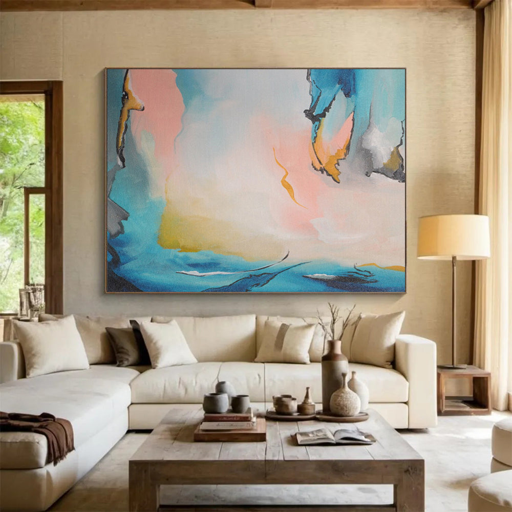 Blue, Pink & Yellow Fluid Abstract Painting On Canvas DKS021