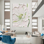 “White - Green Floral Relief” - Realist - Inspired Floral Painting On Canvas PT1398