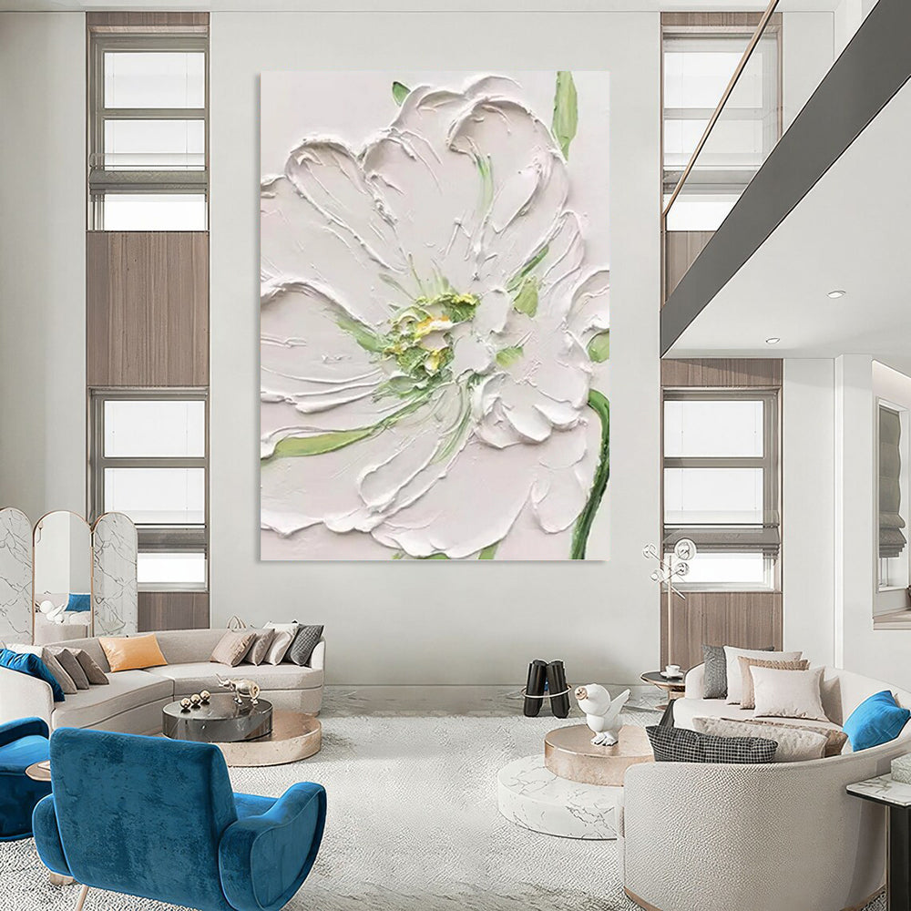“White - Green Floral Relief” - Realist - Inspired Floral Painting On Canvas PT1398