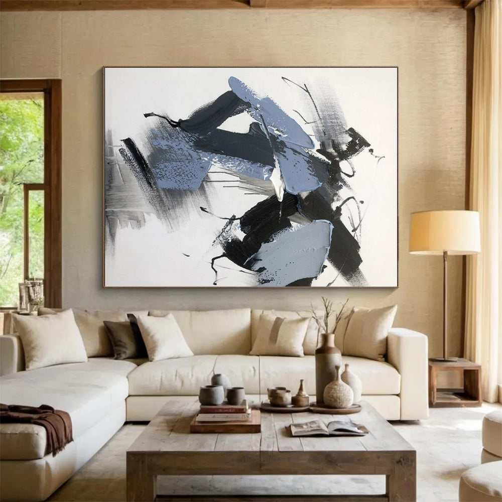 Black, Gray, Blue Dynamic Swirls “Midnight Current” - Painting On Canvas PS0795