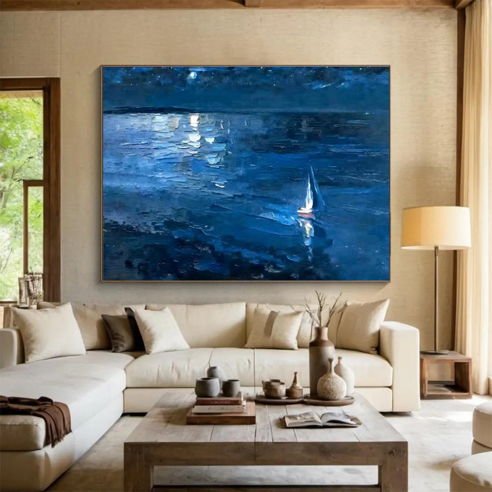 Blue Night Sky and Sea with Sailboat Impressionist Landscape Painting On Canvas DKS100