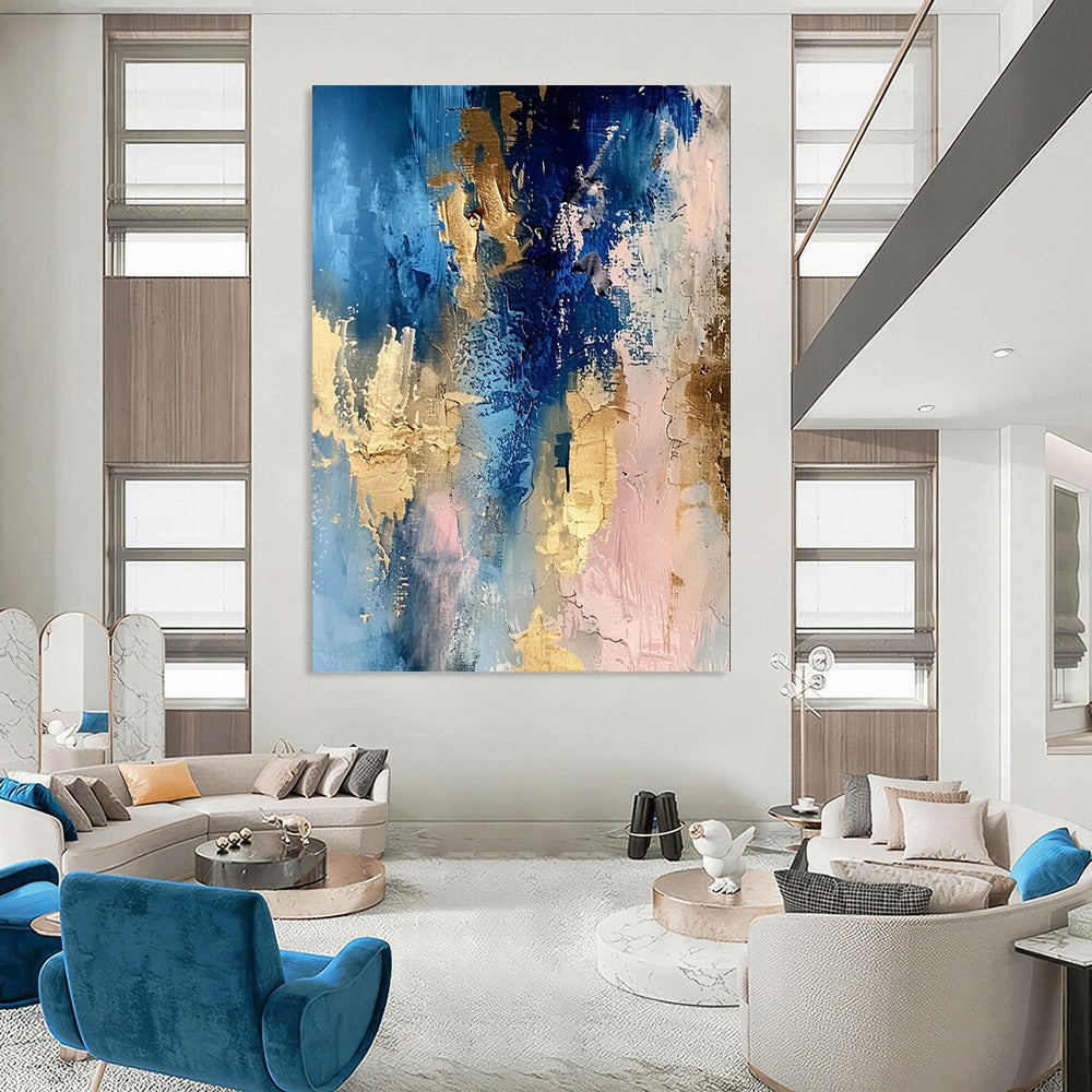 Blue - Gold - Pink Abstract Blend Textured Painting On Canvas DS072