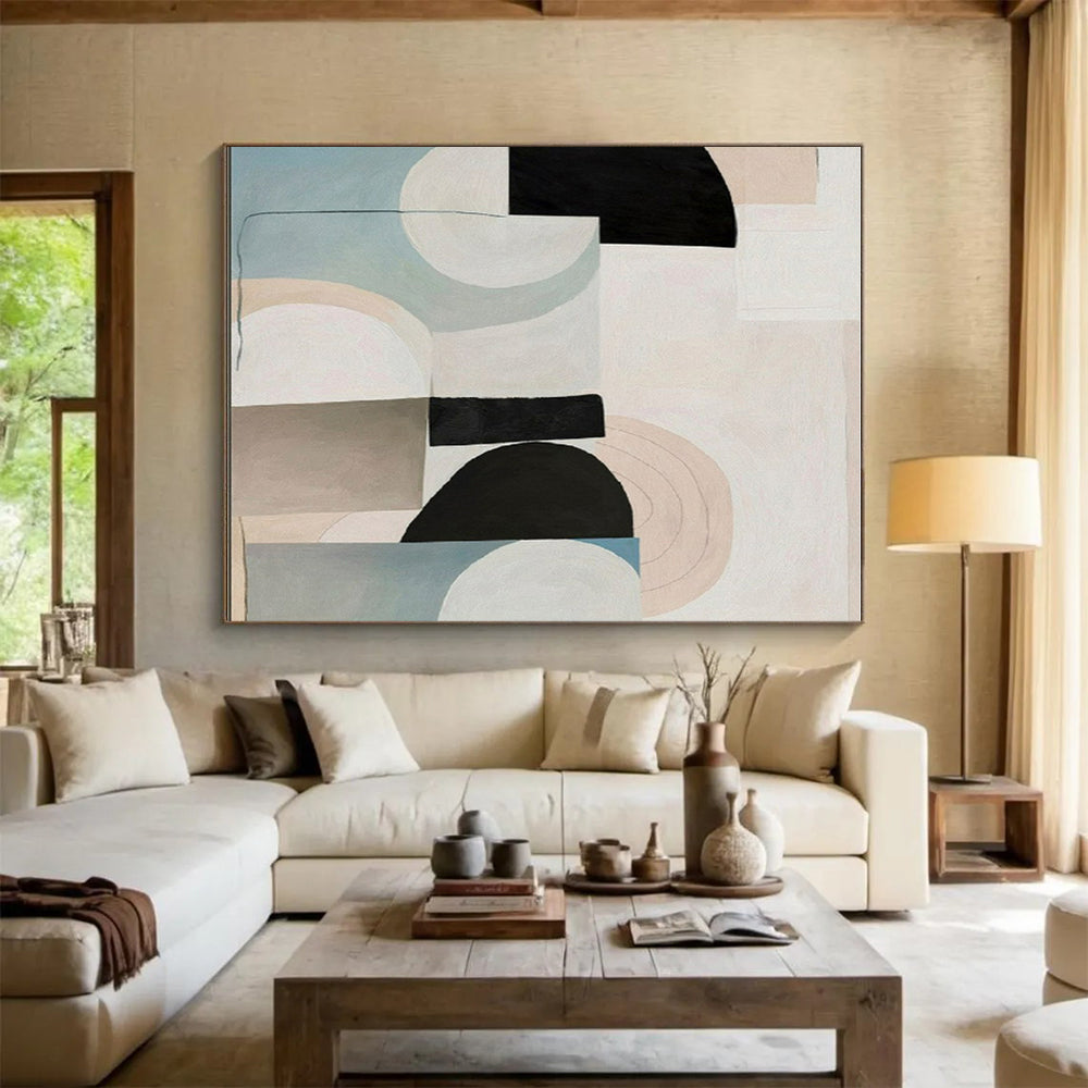 “Soft Geometric Mix” - Beige, Black, Blue, Gray Abstract Geometric Painting On Canvas PS0672