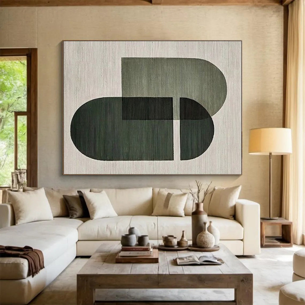 “Green Geometric Shapes” - Green, Gray Abstract Geometric Painting On Canvas PS0674