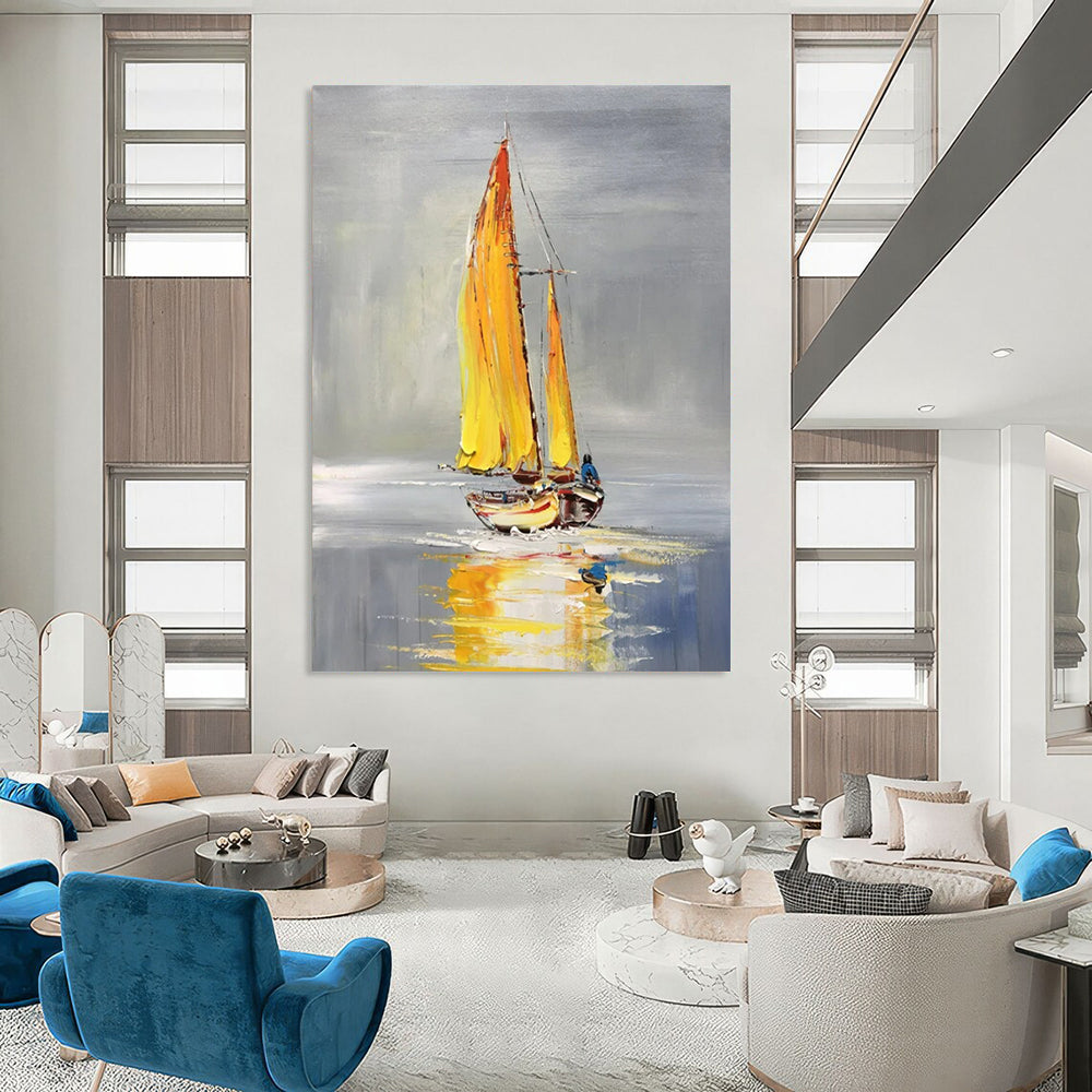“Yellow - Sailed Boat on Calm Water” - Impressionistic Oil Painting On Canvas PT2198