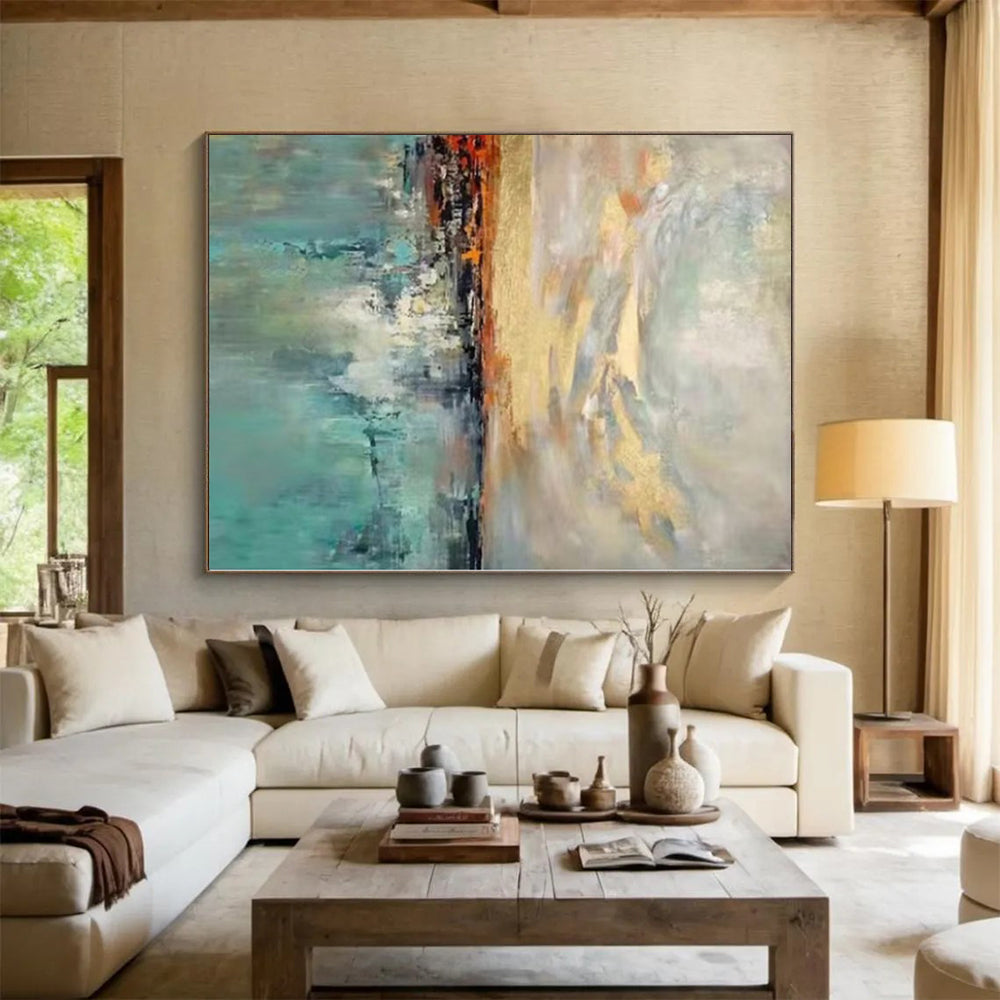 “Colorful Sky Reflection” - Blue, Orange, Gold Abstract Landscape Painting On Canvas PS0388