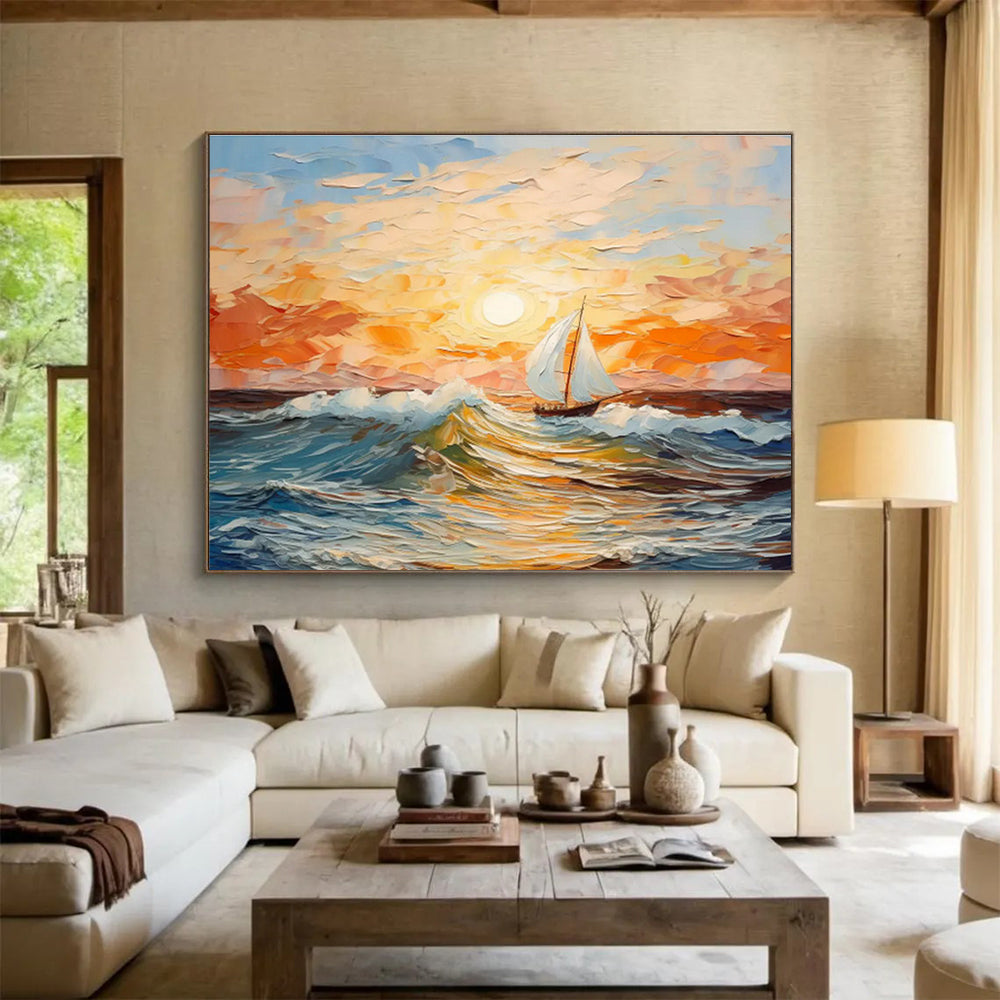 “Impressionistic Sunset Sailboat Seascape” - Impressionistic Seascape Painting, Perfect for Nautical - Themed Room & Living Room DKS625