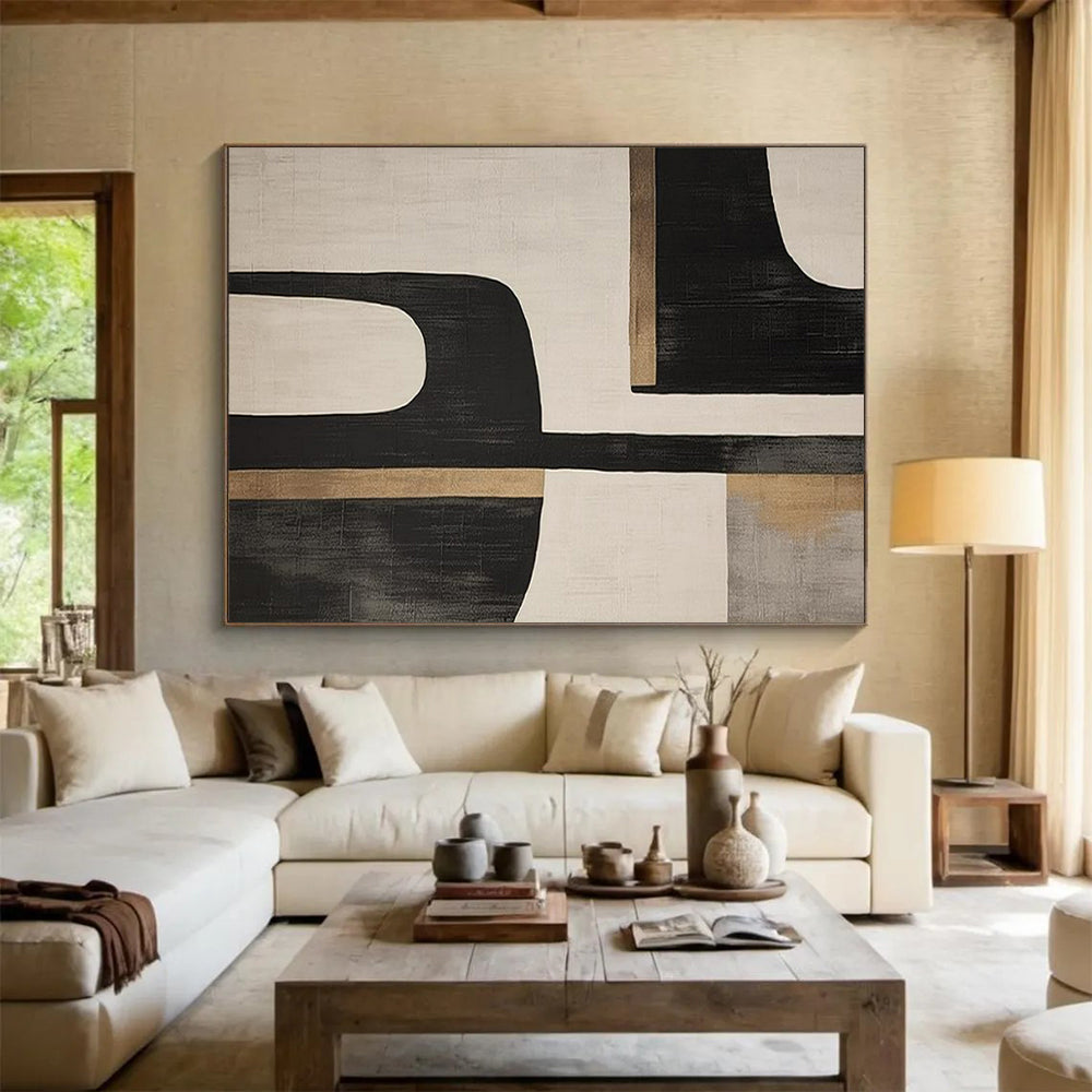 “Black - Beige Geometric Forms” - Abstract Modernist - Painting On Canvas PT1734