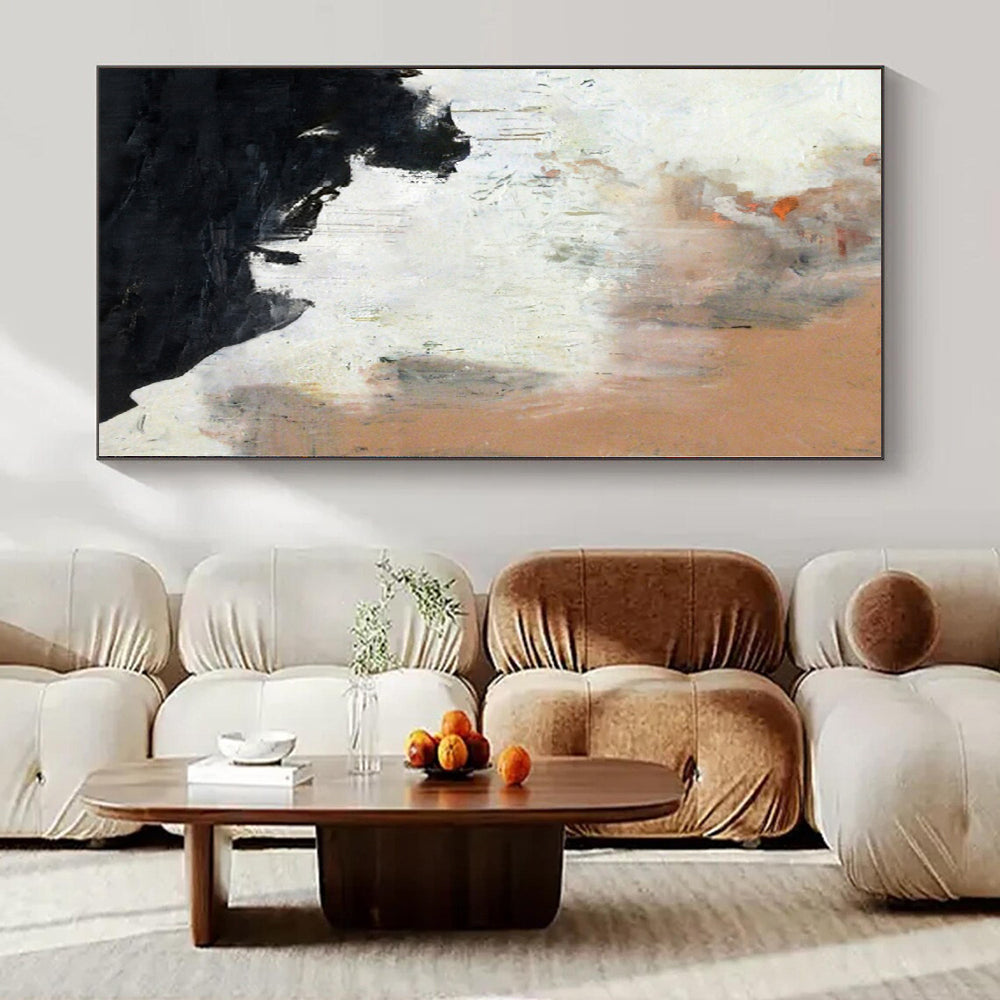Black, White, Orange and Beige with Dynamic Textures "Fiery Dawn" Abstract Painting On Canvas PS1153