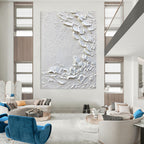 “White Textured Abstract with Petal - like Forms” - Tactile Abstract Painting On Canvas DS373