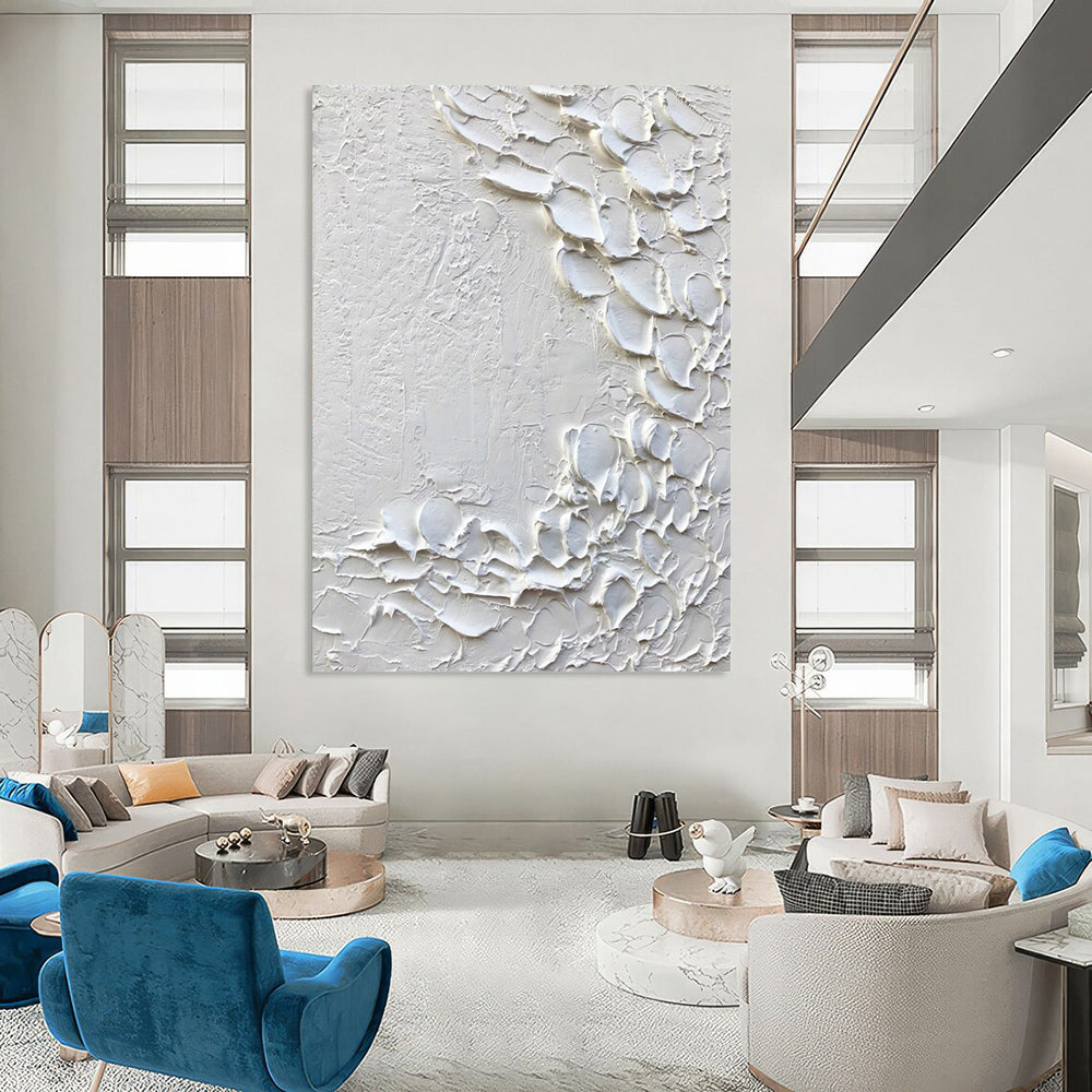 “White Textured Abstract with Petal - like Forms” - Tactile Abstract Painting On Canvas DS373