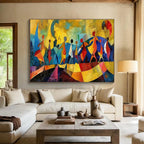 “Colorful Abstract Figures” - Yellow, Blue & Red Figurative, Cubist - Style Painting On Canvas DKS768